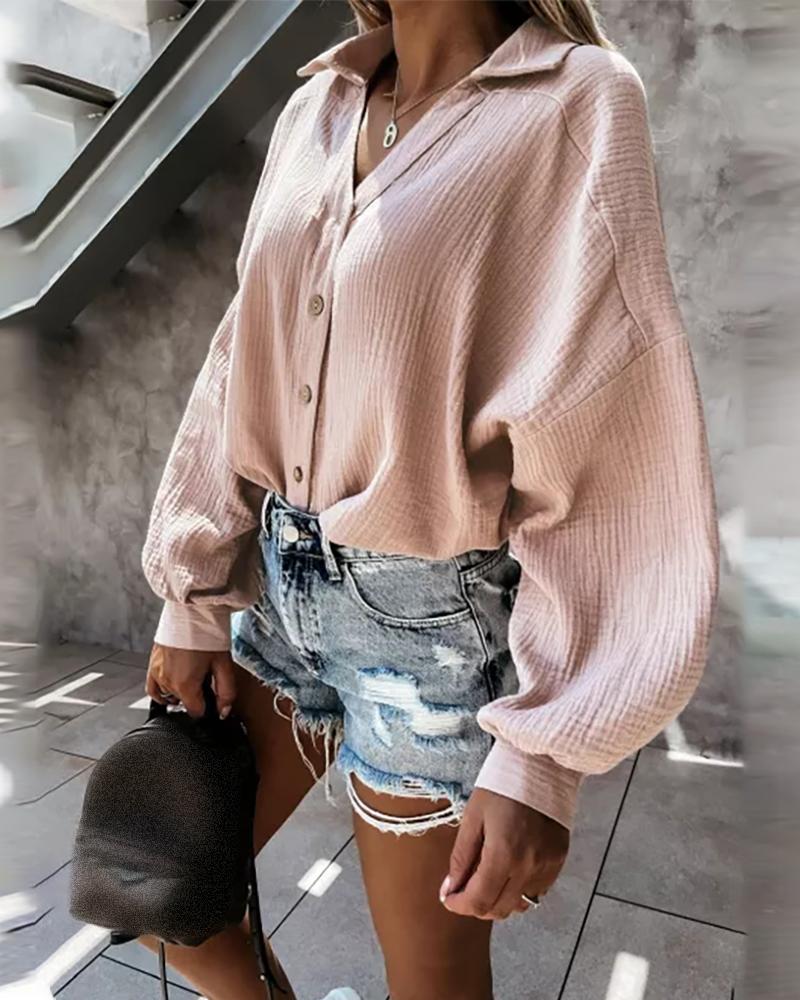 

Button Design Lantern Sleeve Casual Shirt, Apricot