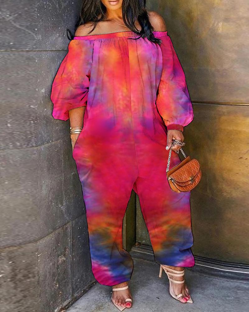 

Pocket Design Lantern Sleeve Tie Dye Print Off Shoulder Jumpsuit, Hot pink