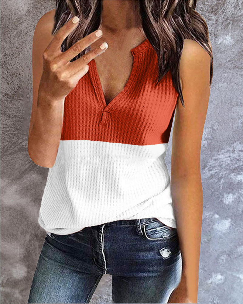 

Colorblock V-Cut Waffle Knit Casual Tank Top, White&orange