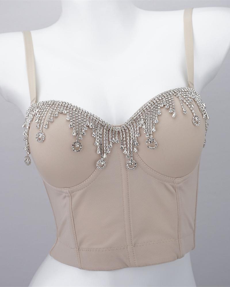 

Rhinestone Tassel Design Buckle Back Crop Corset Top, Beige