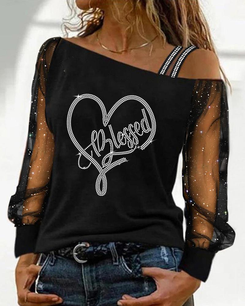 

Rhinestone Heart Letter Pattern Contrast Mesh Cold Shoulder Top, Black