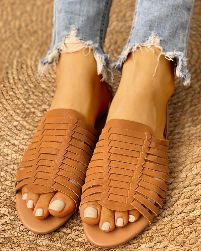 

Braided Design Peep Toe Flat Sandals, Brown