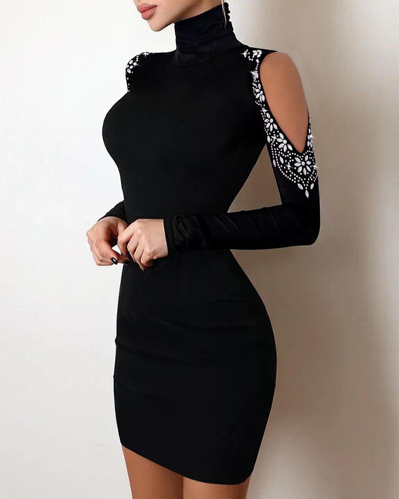 

Rhinestone Decor Cold Shoulder Bodycon Dress High Neck Long Sleeve Skinny Mini Dress, Black