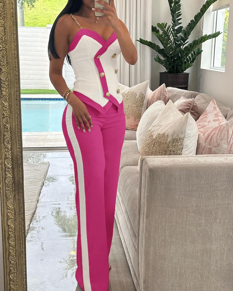 

Double Breasted Chain Strap Cami Top & Straight Leg Pants Set, Rose red