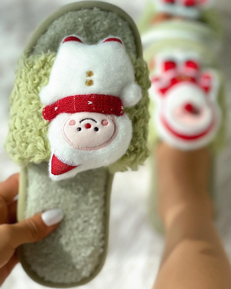 

Christmas Fuzzy Cartoon Character Santa Snowman Slippers, Green