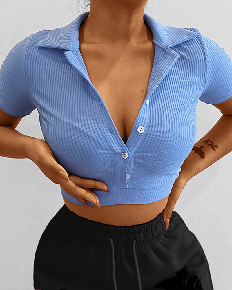 

Button Front Ribbed Crop Top, Blue