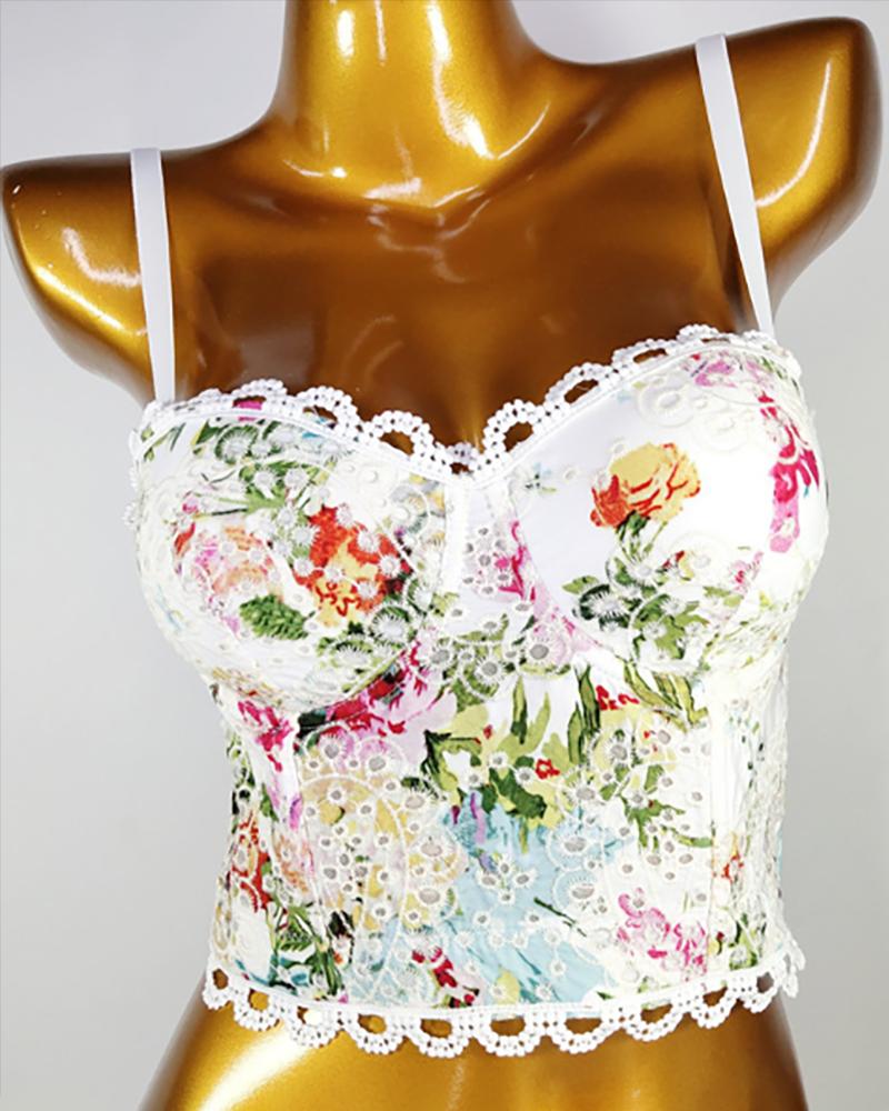

Floral Print Eyelet Embroidery Spaghetti Strap Crop Top, White