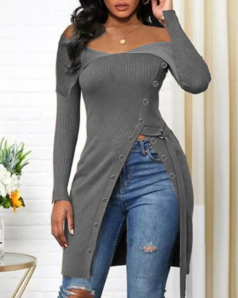 

Button Decor High Slit Off Shoulder Top, Gray