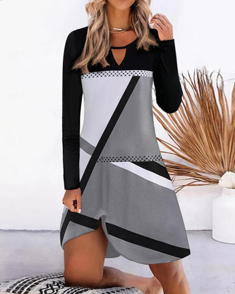 

Geometric Print Long Sleeve Casual Dress, Gray