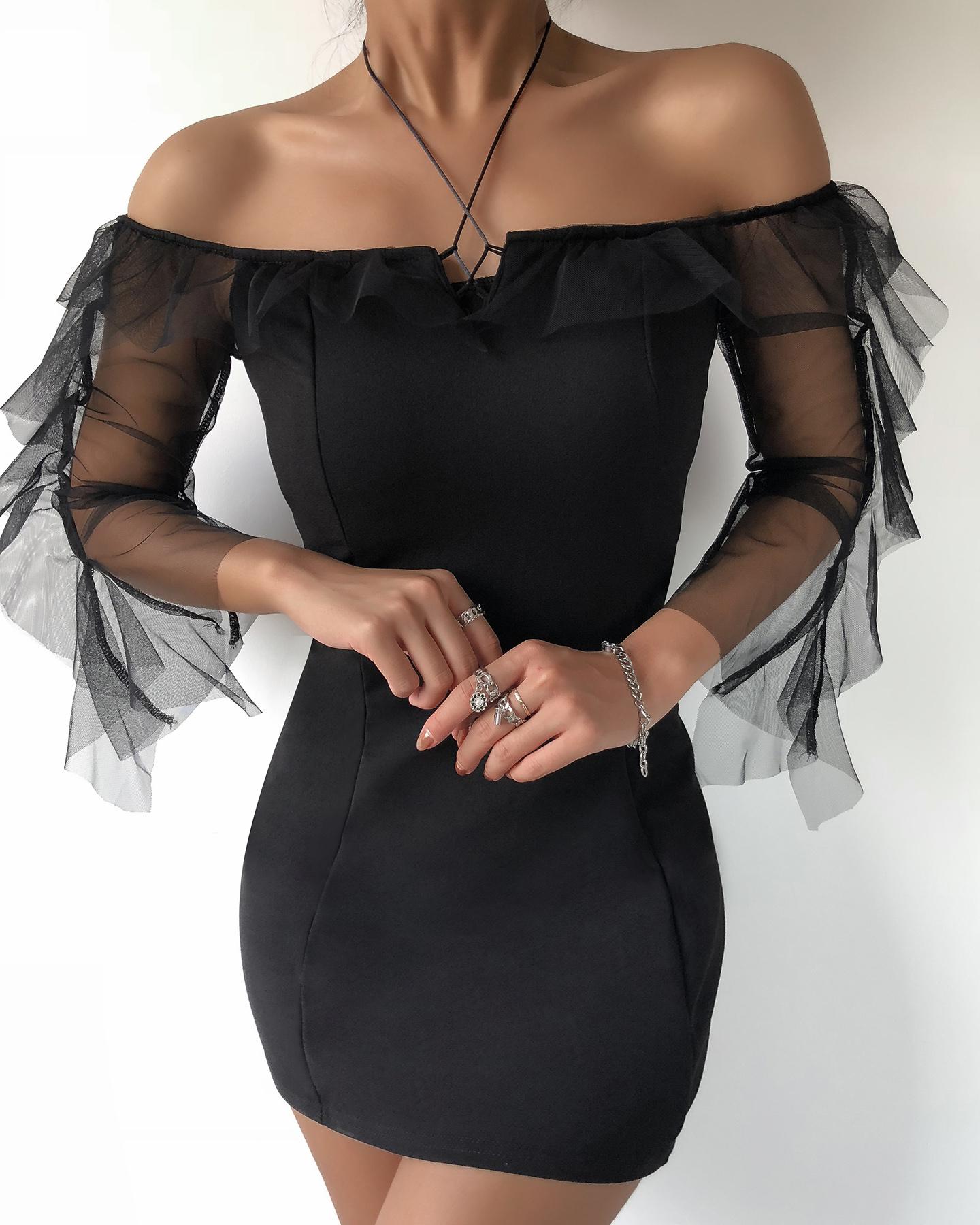 

Off Shoulder Ruffles Sheer Mesh Bodycon Dress, Black
