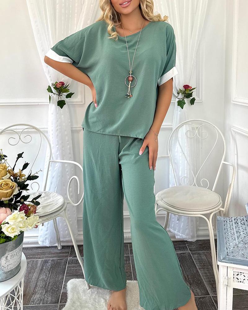 

Contrast Paneled Top & Wide Leg Pants Set, Green