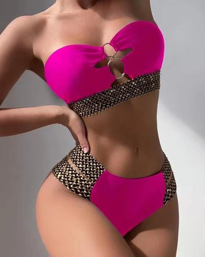 

O-Ring Cutout Patchwork Bikini Set, Hot pink