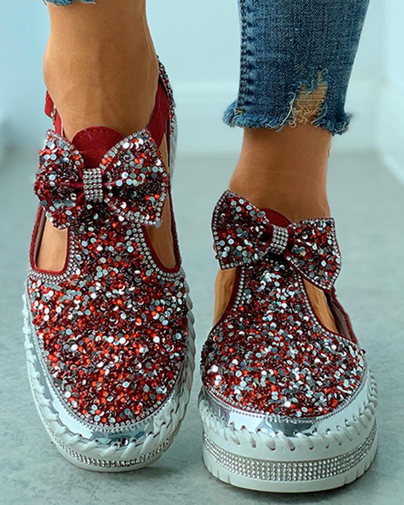 

Rhinestone Bowknot Cutout Casual Shoes, Red