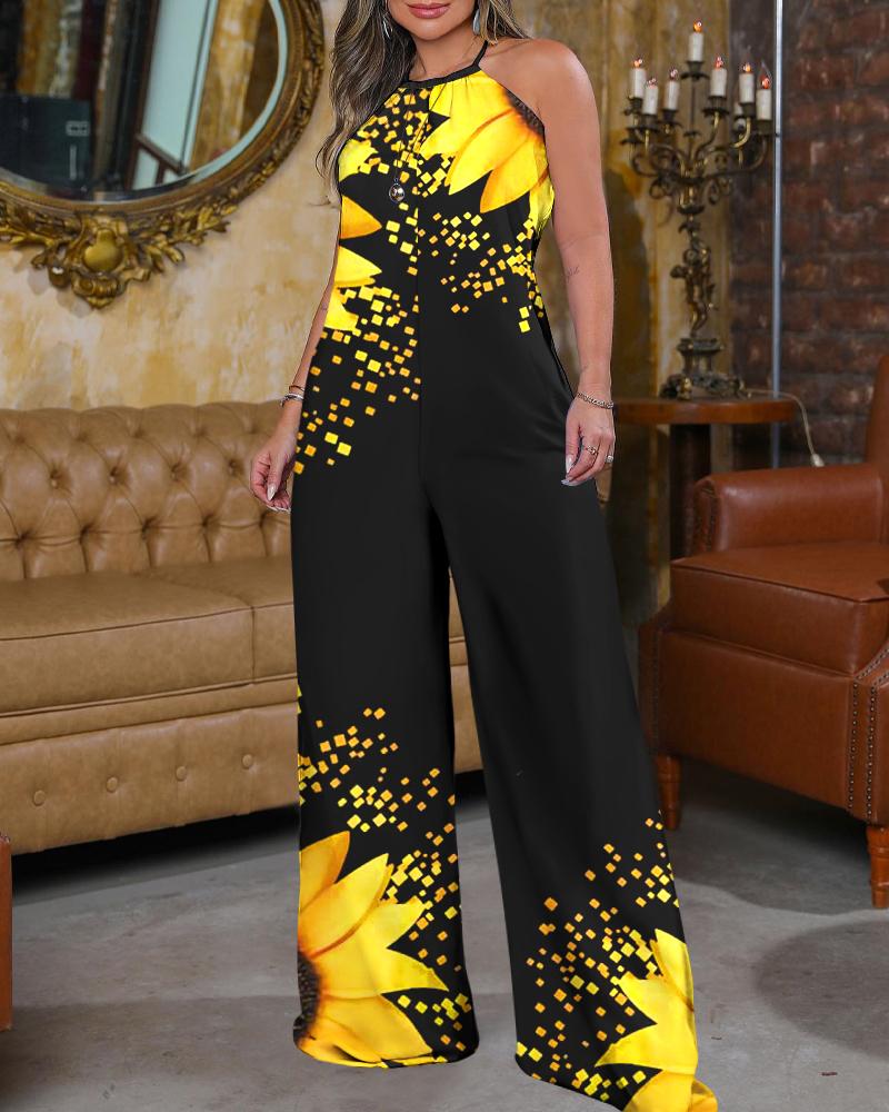 

Sunflower Print Wide Leg Jumpsuit, Black