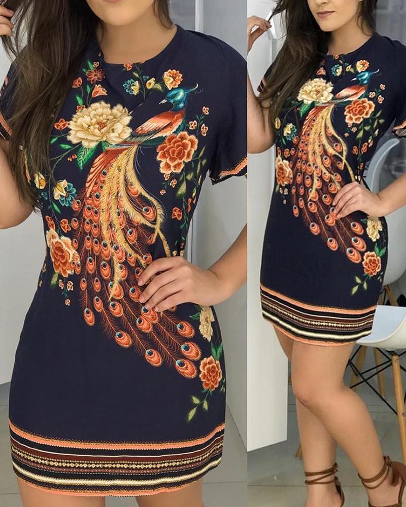 

Floral Peacock Print Short Sleeve Dress, Purplish blue