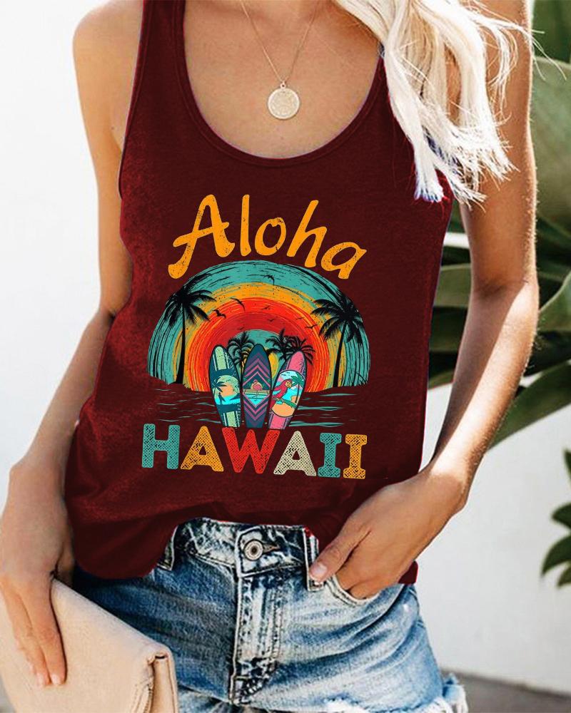 

Landscape Coconut Tree Letter Print Graphic Tee Summer Beach Vest Tank Top, Wine red