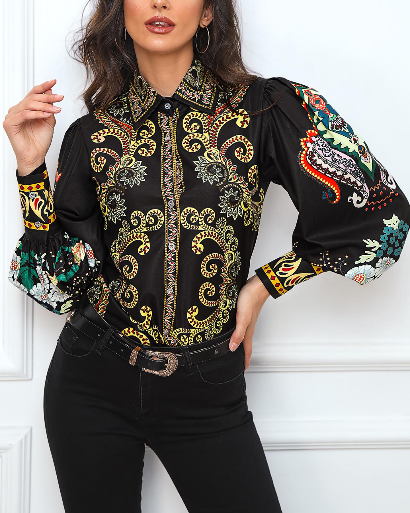 

Paisley Print Lantern Sleeve Shirt, Black