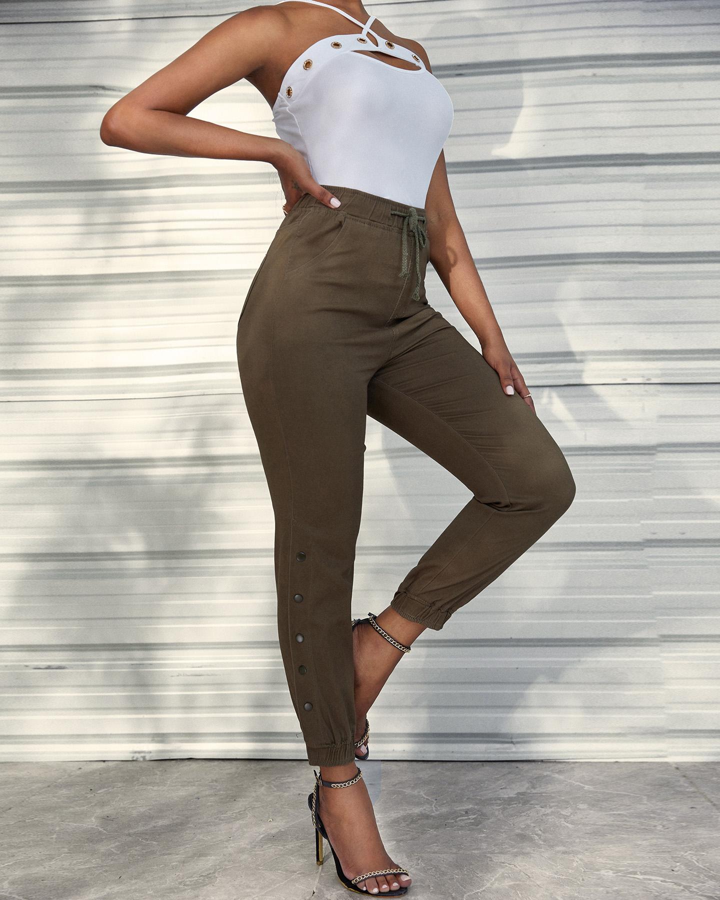 

Button Decor Drawstring Cuffed Pants, Army green