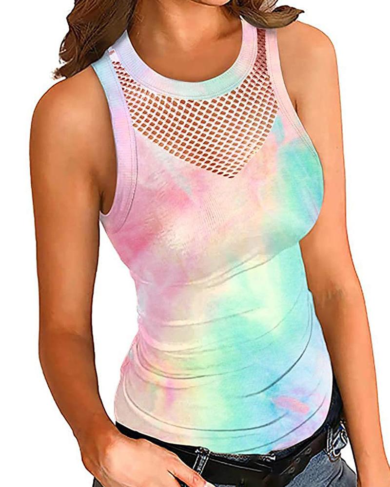 

Round Neck Tie Dye Print Hollow Out Sleeveless TTank, Style1