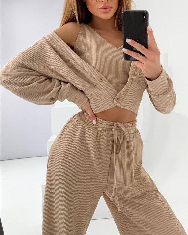 Ribbed Crop Top & Drawstring Pants Set With Buttoned Coat