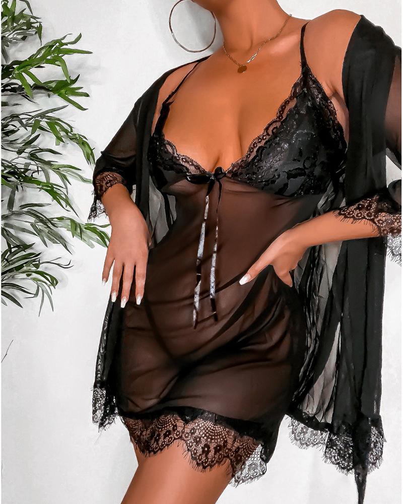 

Spaghetti Strap Lace Babydoll With Thong, Black