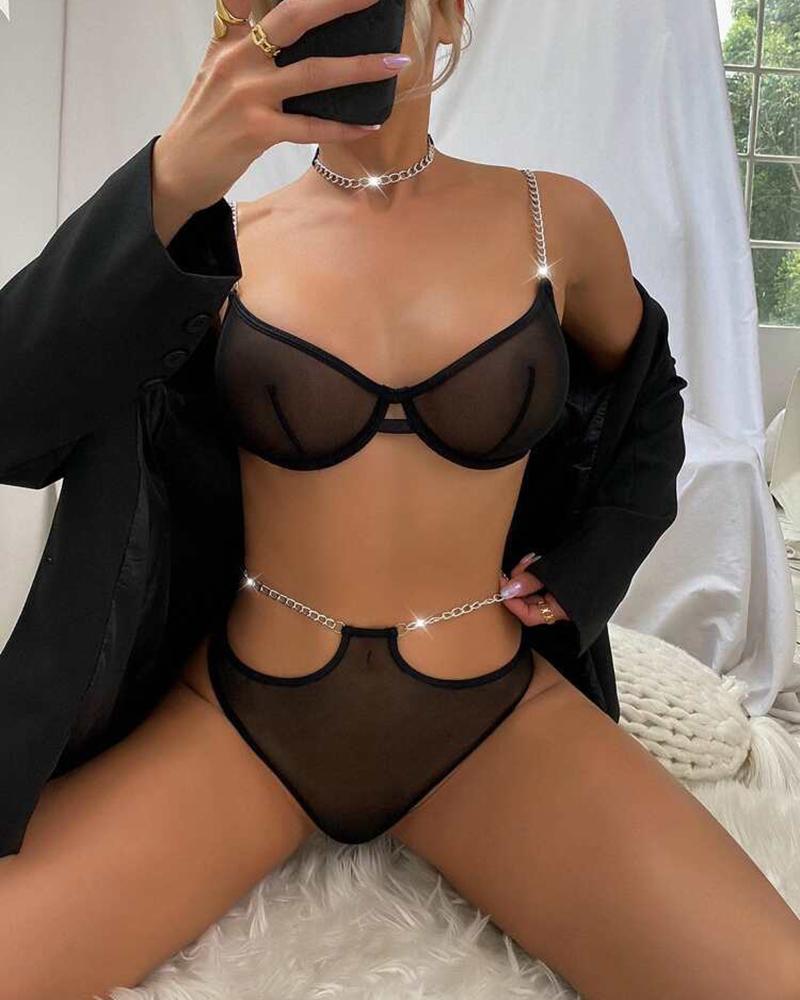 

Chain Strap Cutout Sheer Mesh Lingerie Set, Black
