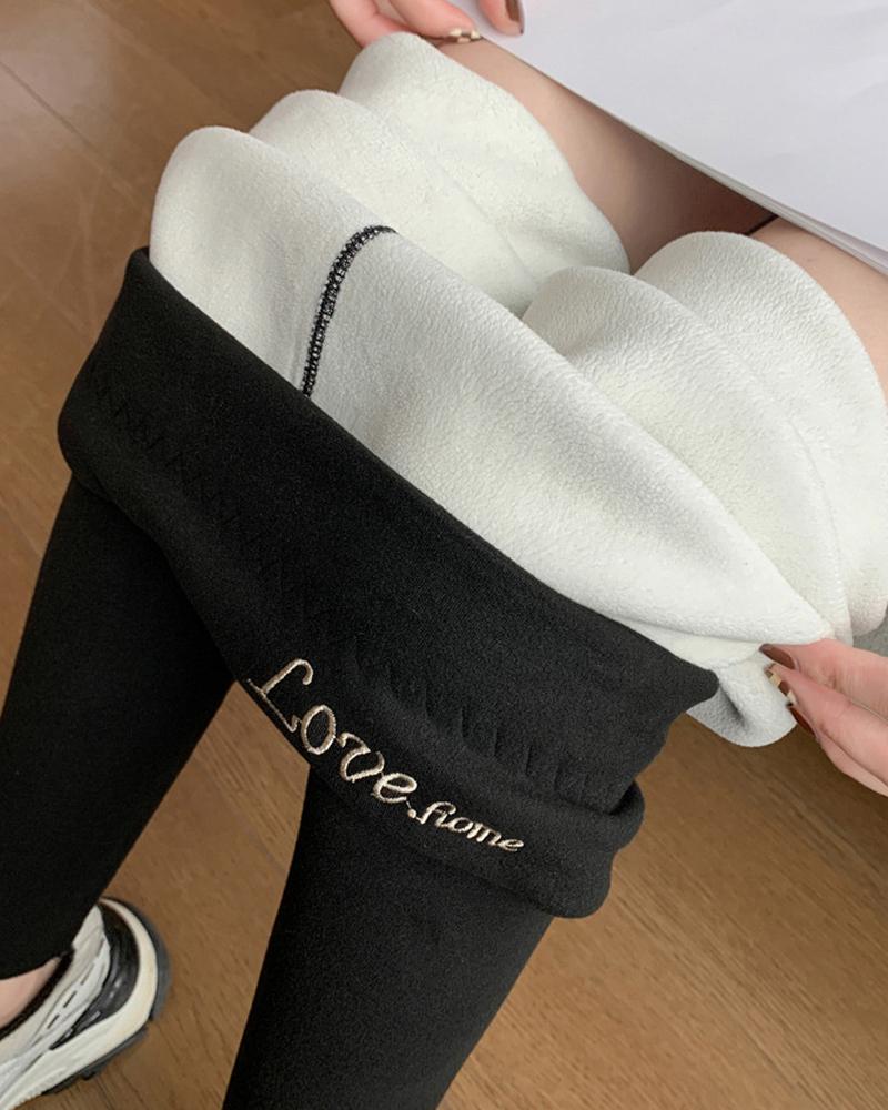

Embroidery Letter High Waist Thermal Warm Fleece Lined Leggings, Black