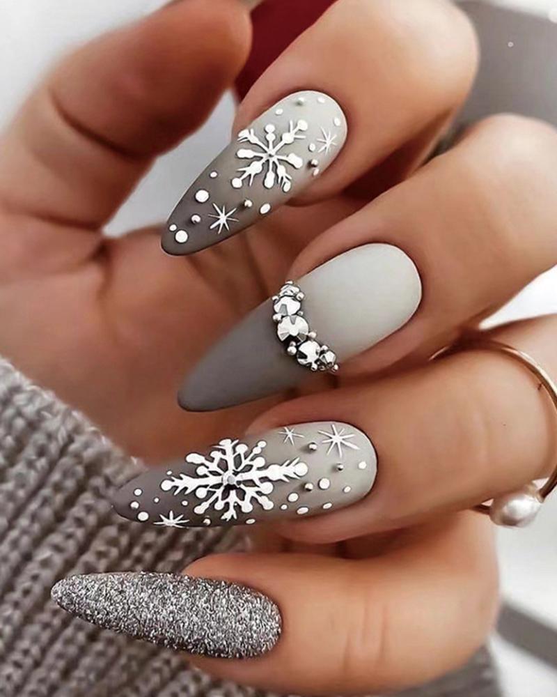 

24pcs Ombre Snowflake Design Glitter Rhinestone Matte Press-on Stiletto Almond False Nails Set, Gray