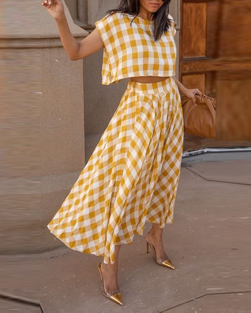 

Plaid Print Casual Crop Top & Skirt Set, Yellow