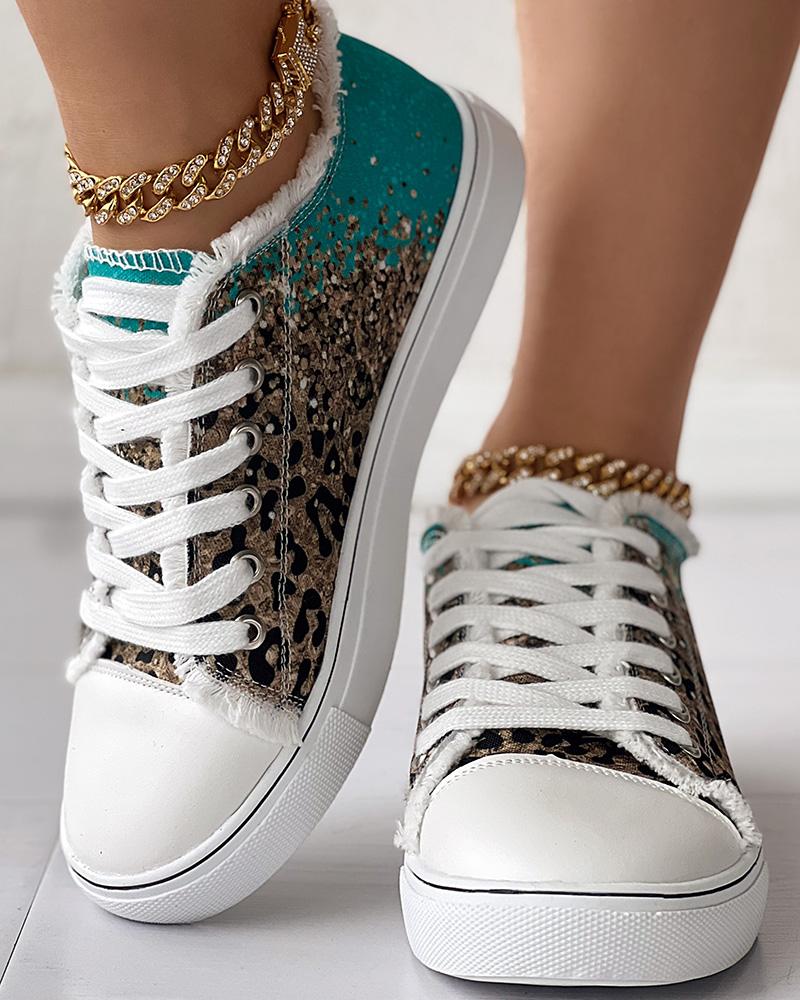 Contrast Leopard Fringe Hem Lace-up Canvas Sneakers