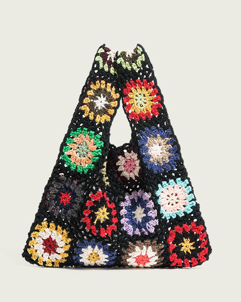 

Geometric Pattern Crochet Beach Handbag, Black