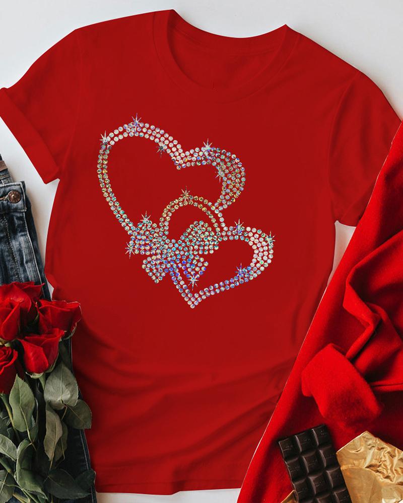 

Valentine' Day Heart Bowknot Pattern Rhinestone Top, Red