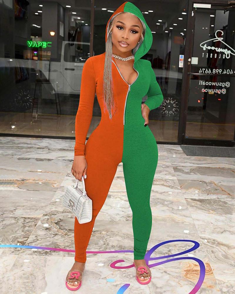 

Colorblock Zipper Design Long Sleeve Hooded Jumpsuit, Green