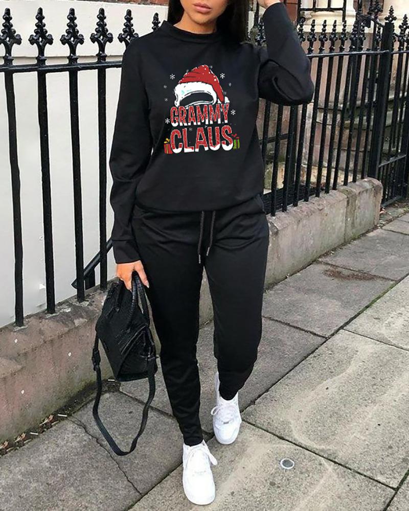 

Christmas Hat Letter Print Sweatshirt & Pocket Design Pants Set, Black