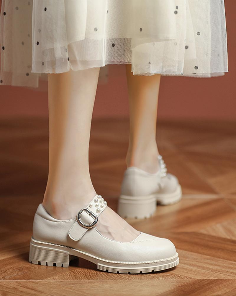 

Round-toe Solid Color Splicing Beaded Strap Jenny Shoes, Beige