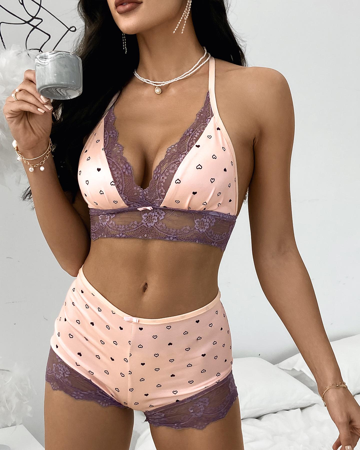 

Patchwork Spaghetti Strap Sexy Sets, Pink