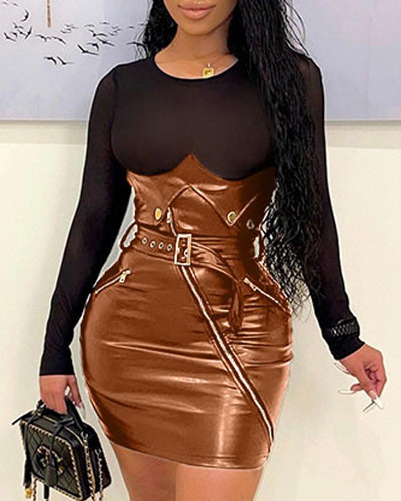 

Contrast Mesh Belted PU Leather Bodycon Dress, Brown