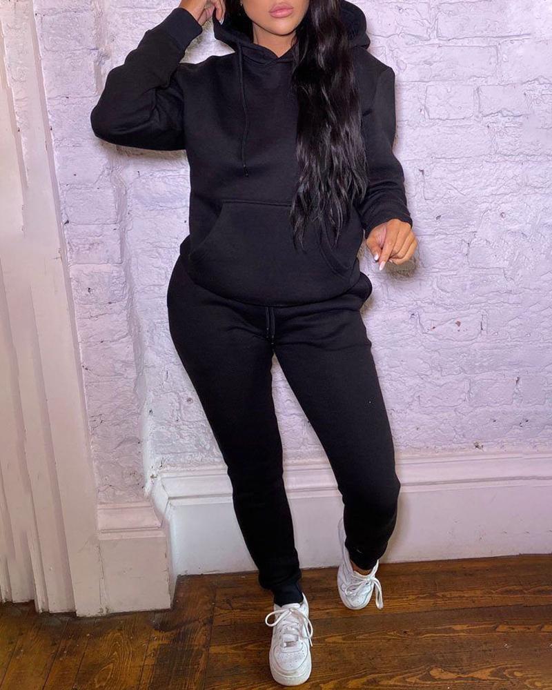 

Pocket Design Hooded Sweatshirt & Drawstring Pants Set, Black