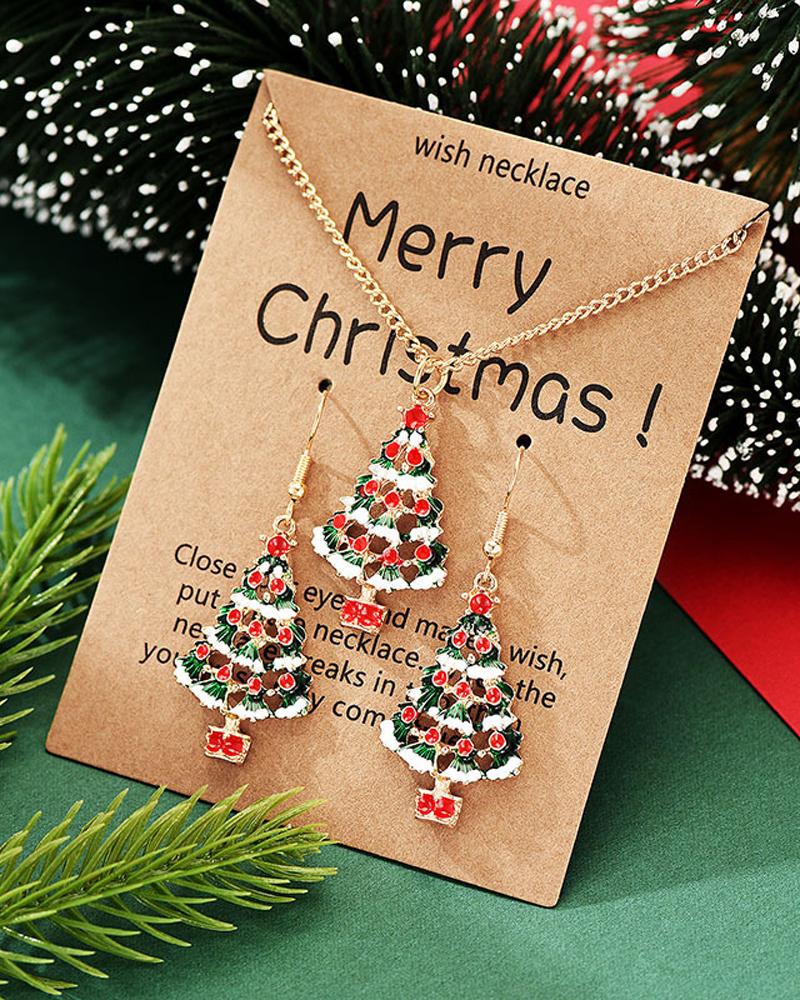 

Christmas Tree Pendant Necklace With Drop Earrings Jewellery Set, Gold