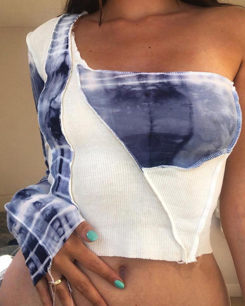 

Tie Dye One Shoulder Skinny Cropped Tops Blouse, Blue