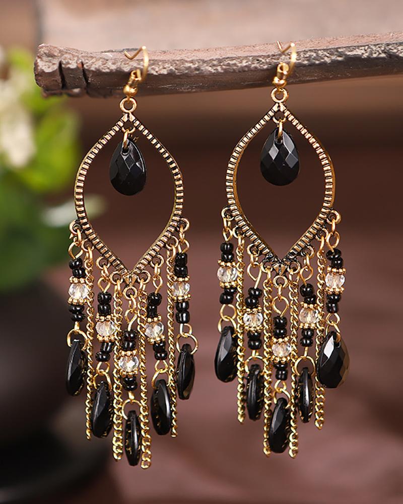 

1Pair Retro Gem Stone Beaded Bohemian Tear Drop Earring, Black