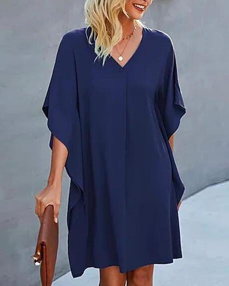 

Plain V-Neck Batwing Sleeve Casual Dress, Blue