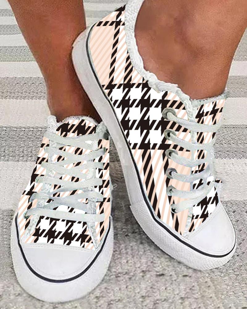 

Plaid Print Lace-up Raw Hem Canvas Sneakers, Apricot