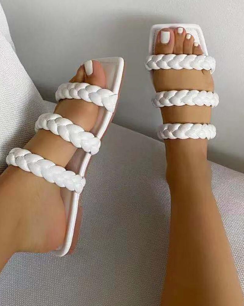 

Braided Strap Square Toe Slippers, White