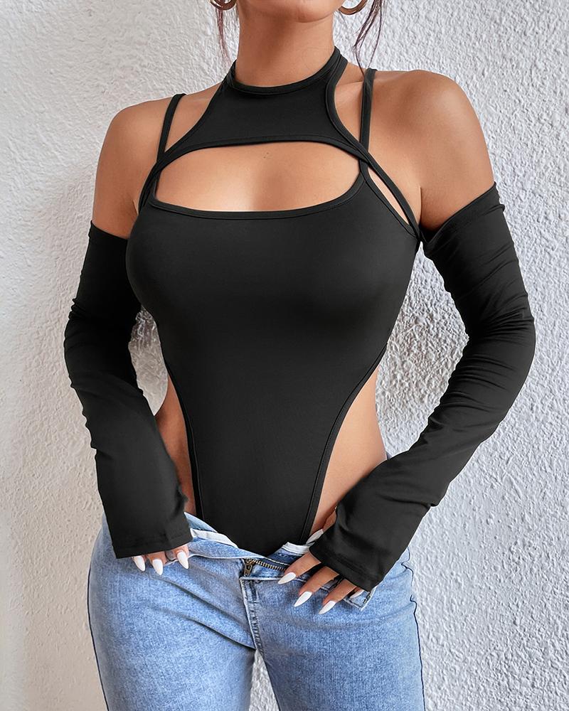 

Patchwork Cutout Cold Shoulder Bodysuit, Black