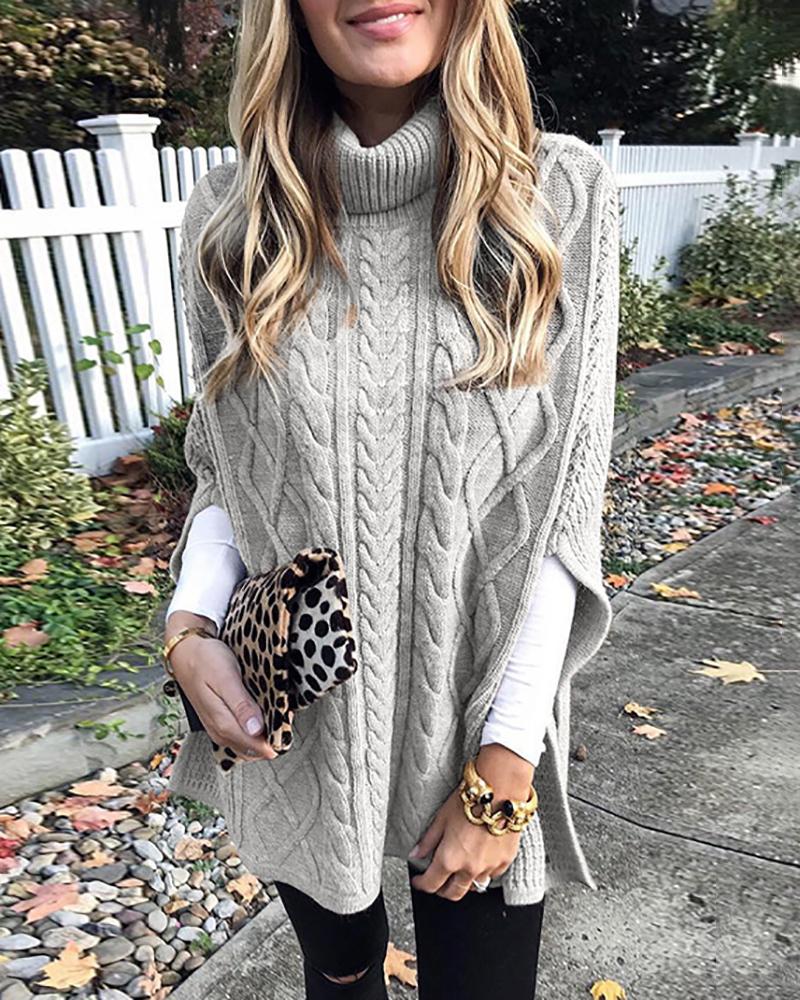 

High Neck Cloak Sleeve Braided Sweater, Gray