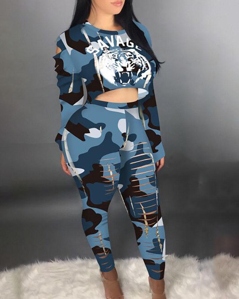 

Letter Tiger Print Crop Top & High Waist Ladder Cutout Pants Set, Blue