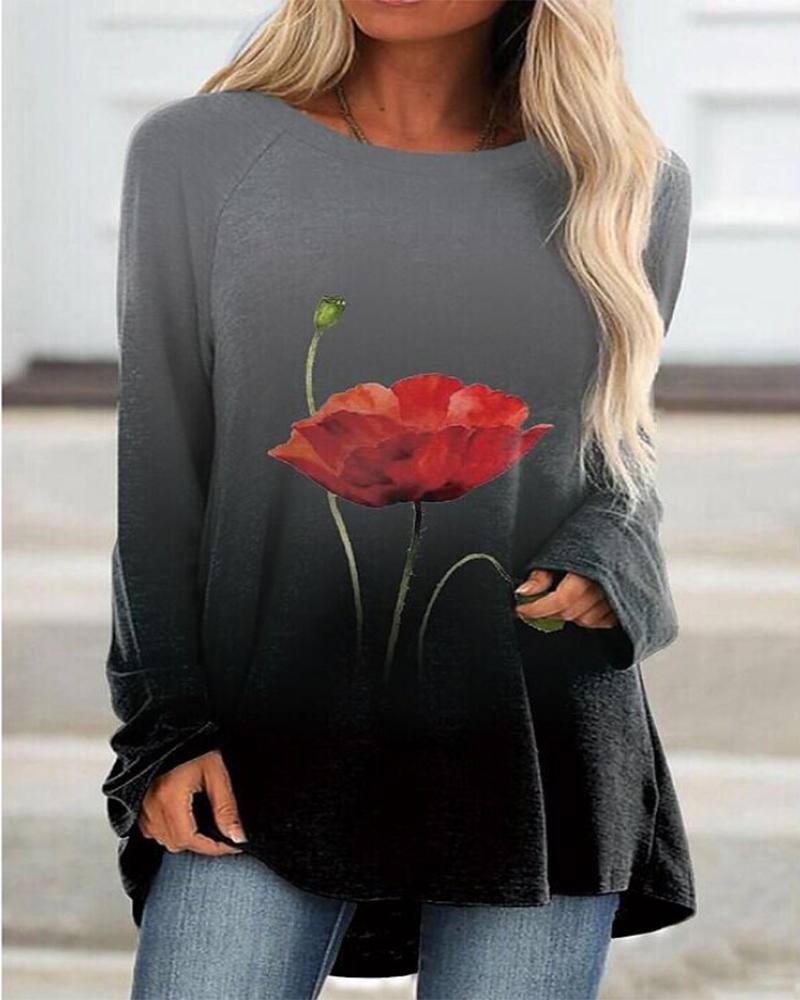 

Floral Print Ombre Colorblock Long Sleeve Top, Gray