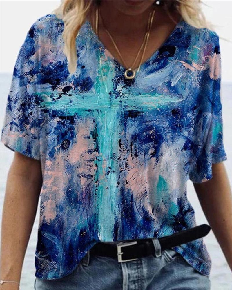 

Cross Print Colorblock Short Sleeve T-Shirt, Style3