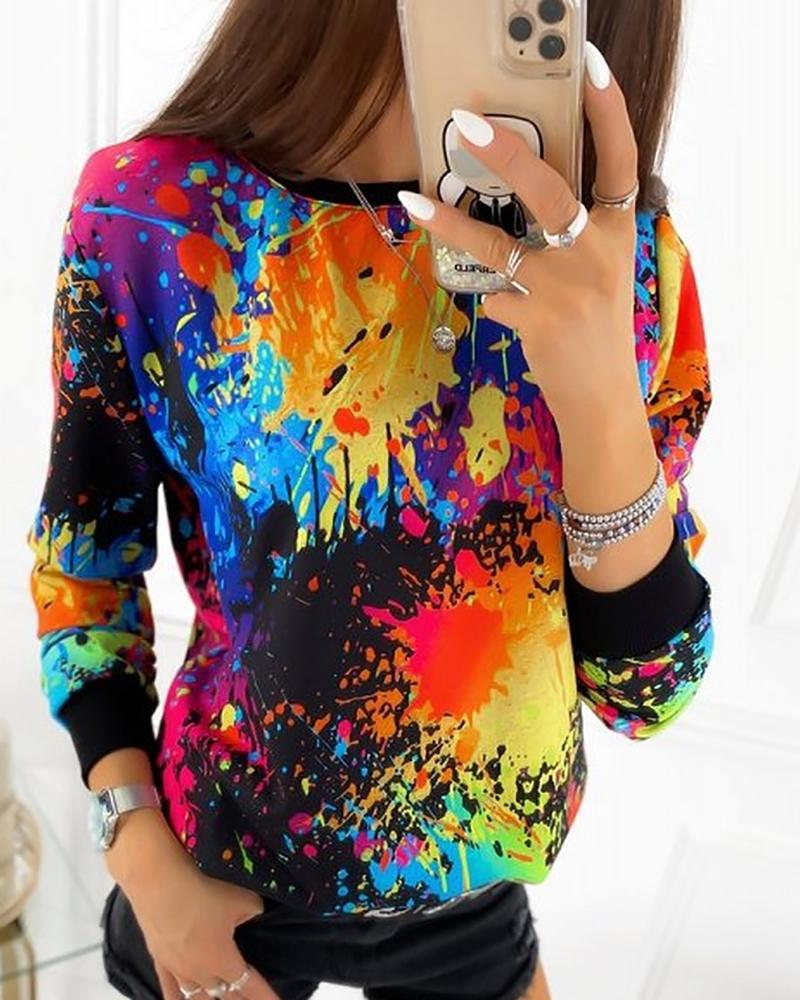 

Tie Dye Print Colorblock Casual Top, Black